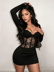 BamGleam 2026 Autumn/Winter Early Autumn Long Sleeve Sheer Lace Underwire Boning Cup Knit Party Date Women's Short Dress - Black - View 8