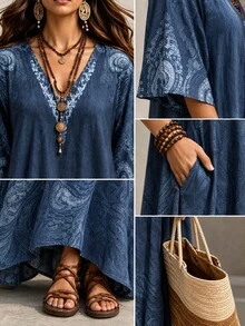Linhara CURVE Fashion Plus Size Women's Vintage Print Long Robe, Loose Fit V-Neck Bohemian Dress, Suitable For Spring, Summer And Autumn - Blue - View 7