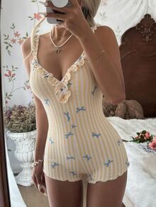 CottageSlumber Yellow & White Striped Bow Strap Romper With Frill Trim, Sweet Girl Style Loungewear Pajamas - Yellow - View 2