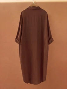 Linhara 女款大尺碼純色襯衫洋裝，極簡翻領單排扣長版不對稱下擺，百搭通勤休閒寬鬆襯衫，適合日常穿著，秋冬款 - 棕色 - 查看 2