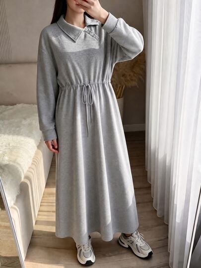 Rue Lumi Women's Grey Knit Shirt Collar Drop Shoulder Long Sleeve Cinched Waist Elegant Casual Dress Sweatshirt