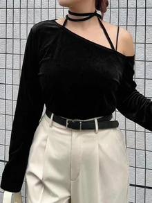 Dazy Plus Korean Style Tie-Up Asymmetrical Cold Shoulder Elegant Long Sleeve Spring Autumn T-Shirt - Black - View 1