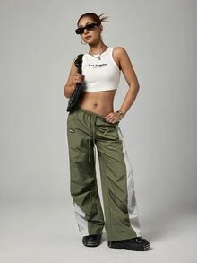 SHEIN PETITE 女款拼色休閒運動長褲，適合嬌小女性 - 軍綠色 - 查看 6