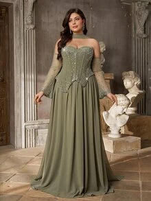 Aureia Plus Size Women's Rhinestone Decorated 3D Boning Asymmetrical Hem Mesh Patchwork Formal Evening Gown (Heavy Embellishment Style) - Olive Green - View 3