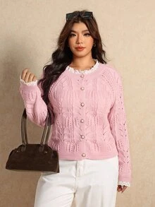 Elaquor Women's Plus Size Autumn Sweet Lace Patchwork Hollow Knit Cardigan - Pink - View 5