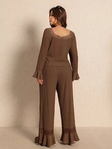 Elaquor Plus Size Women Solid Color Long Sleeve Ruffle Lace Top And Pants 2 Pieces Set - Mocha Brown - View 2