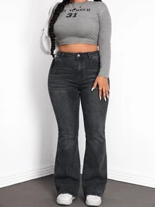 SHEIN Tall CURVE 大尺碼鈕扣拉鍊口袋喇叭牛仔褲 - 黑色 - 查看 6