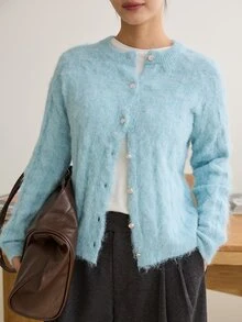 Dazy-Less Women's Blue Round Neck Button Cable Knit Long Sleeve Slim Fit Ribbed Cardigan, Autumn/Winter - Blue - View 7