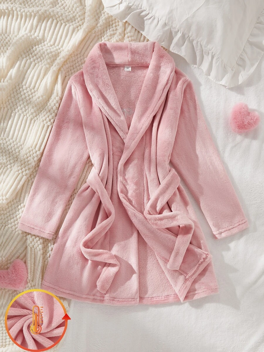 SHEIN Autumn/Winter Girls' Loungewear Long Sleeve Robe, Thickened Fleece Flannel, Pink Tone, Back Love Embroidery, Elegant & Sweet, Suitable For Holiday Home Wear - Pink - View 1