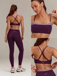 GLOWMODE FeatherFit™ Gingham Glow Soft Sweat-Wicking Gingham Trim Sports Bra With Varsity Style Logo Removable Cups Low Impact Yoga Studio Pilates Daily Wear - Bold Plum - View 8
