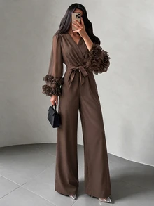Modelyn Autumn/Winter Elegant Fashion V-Neck Cross Ruffle Long Sleeve Jumpsuit With Bow Waist Belt And Draped Wide Leg Pants For Women - Coffee Brown - View 6