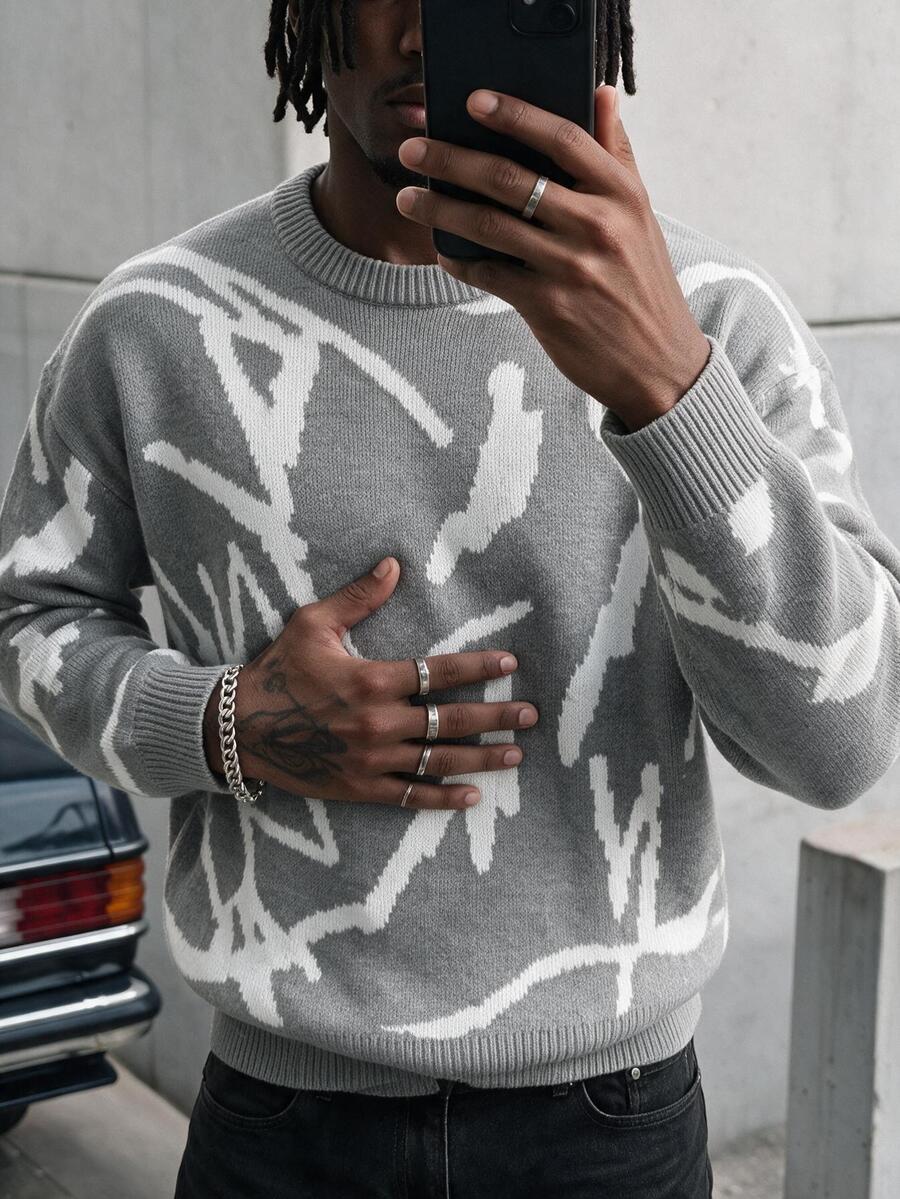 AXEPEAK Men's Casual Crew Neck Long Sleeve Printed Sweater - Grey - View 1