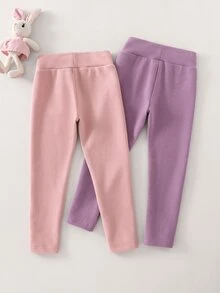 SHEIN 2pcs Girls' Autumn/Winter Bow Embroidery Pattern Thermal Leggings, Casual Daily Wear - Multicolor - View 2