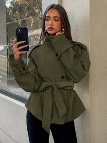 Aloruh 女款休閒立領單排扣收腰繫帶不對稱下擺風衣 - 軍綠色 - 查看 3