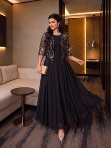 Auveirra Plus Size Women's 2pcs Set With Mesh Sequin Fringe Design Top And Pleated Design Skirt Formal Evening Party Black And Gold Black Social Set Christmas - Black - View 7
