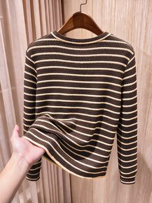 Rusticease Women's Striped Crew Neck Long Sleeve Casual T-Shirt - Black - View 2