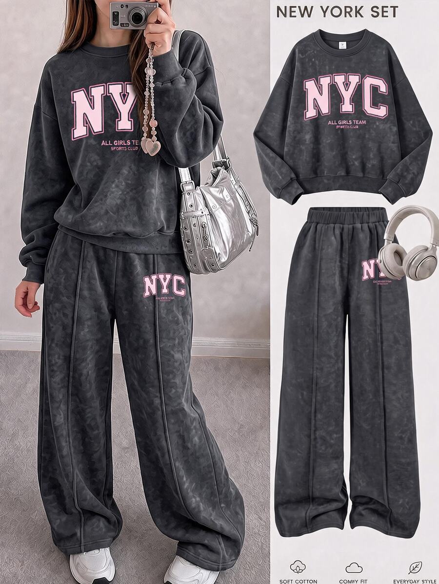 街頭風雪花深灰色，時尚運動風粉色拼色 NYC 字母圖案印花，女童大童休閒柔軟舒適寬鬆圓領套頭運動衫與寬腿褲運動套裝，適合秋冬日常、運動、街頭、休閒、校園時尚、舒適氛圍 - 彩色 - 查看 1