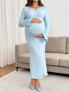 SHEIN Maternity Solid Color Round Neck Ruffle Hem Fashion Elastic Dress - Blue - View 4