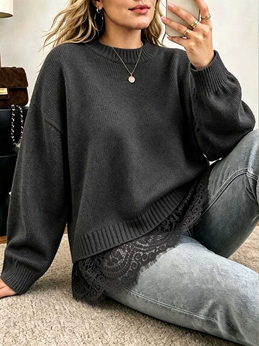 Vionelle Sweater Rajut Longgar Wanita Ukuran Besar Warna Polos Leher Bulat Bahu Jatuh dengan Hiasan Renda di Bagian Bawah, Model 2 in 1 Lengan Panjang - Dark Grey - View 1