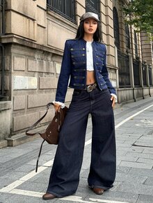 StreetHx 女款深藍色軍裝風短款牛仔夾克，立領長袖開襟外套，精緻金色鈕扣裝飾，時尚休閒拿破崙短夾克 - 深色水洗藍 - 查看 4