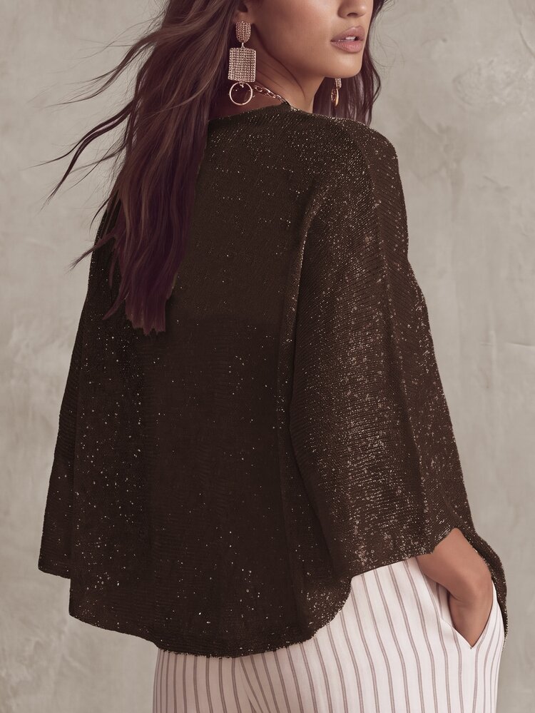 Linhara CURVE 2026 New Plus Size Women Solid Color Knit Cardigan With Gold And Silver Metallic Thread Elegant Shawl Suitable For Romantic Vacation Plus Size Women Cardigan Sweater - Chocolate Brown - View 2