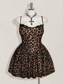 SHEIN ICON Women's Plus Size Leopard Print Contrast Lace Cami Dress - Brown - View 3