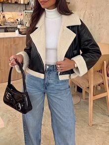 Struktiv Women's Autumn/Winter Fashion Casual Short Long Sleeve Jacket With Faux Fur Lining, Cuffs And Hem Design, Suitable For Daily Commute And Outings, Regular Fit - Black - View 3