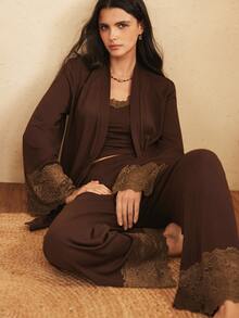Lullawish Set Piyama Wanita Kasual Rumahan dengan Motif Renda dan Celana Panjang - Coklat - View 5