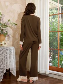 Côtesoire French Elegant Contrast Color Peter Collar Ribbed Knit Long Sleeve Women's Pajama Set - Coffee Brown - View 2