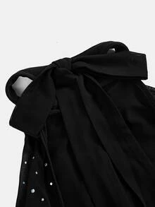 SHEIN Tween女孩黑色掛脖綁帶迷你洋裝，派對華麗兒童洋裝 - 黑色 - 查看 5