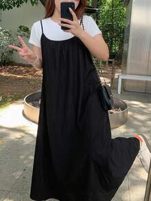 Dazy Plus Korean Style Layered Bowknot Back Strap Long Dress - Black - View 6