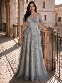Coutiva Plus Size Women's Rhinestone & Sequin Design Off-Shoulder Elegant Formal Evening Gown (Heavy Embellished Style) - Grey - View 8