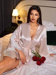 SilkySpell Women's Sexy Lace Patchwork Wide Sleeve 3/4 Sleeve Satin Robe - Pink - View 3
