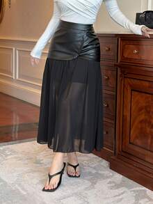 DAZY Fashion Black PU & Chiffon Patchwork Flared Flowy Women's Skirt - Black - View 7