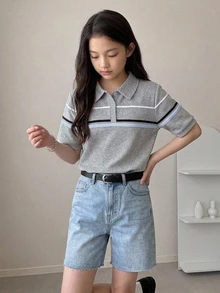 DAZY Basic Collared Striped Colorblock Short Sleeve T-Shirt For Girls (Large) - Grey - View 6