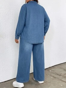 SHEIN Holidaya Plus Size Women's Single-Breasted Long Sleeve Jacket And Pants Casual Daily Denim 2 Pieces Set - Blue - View 2