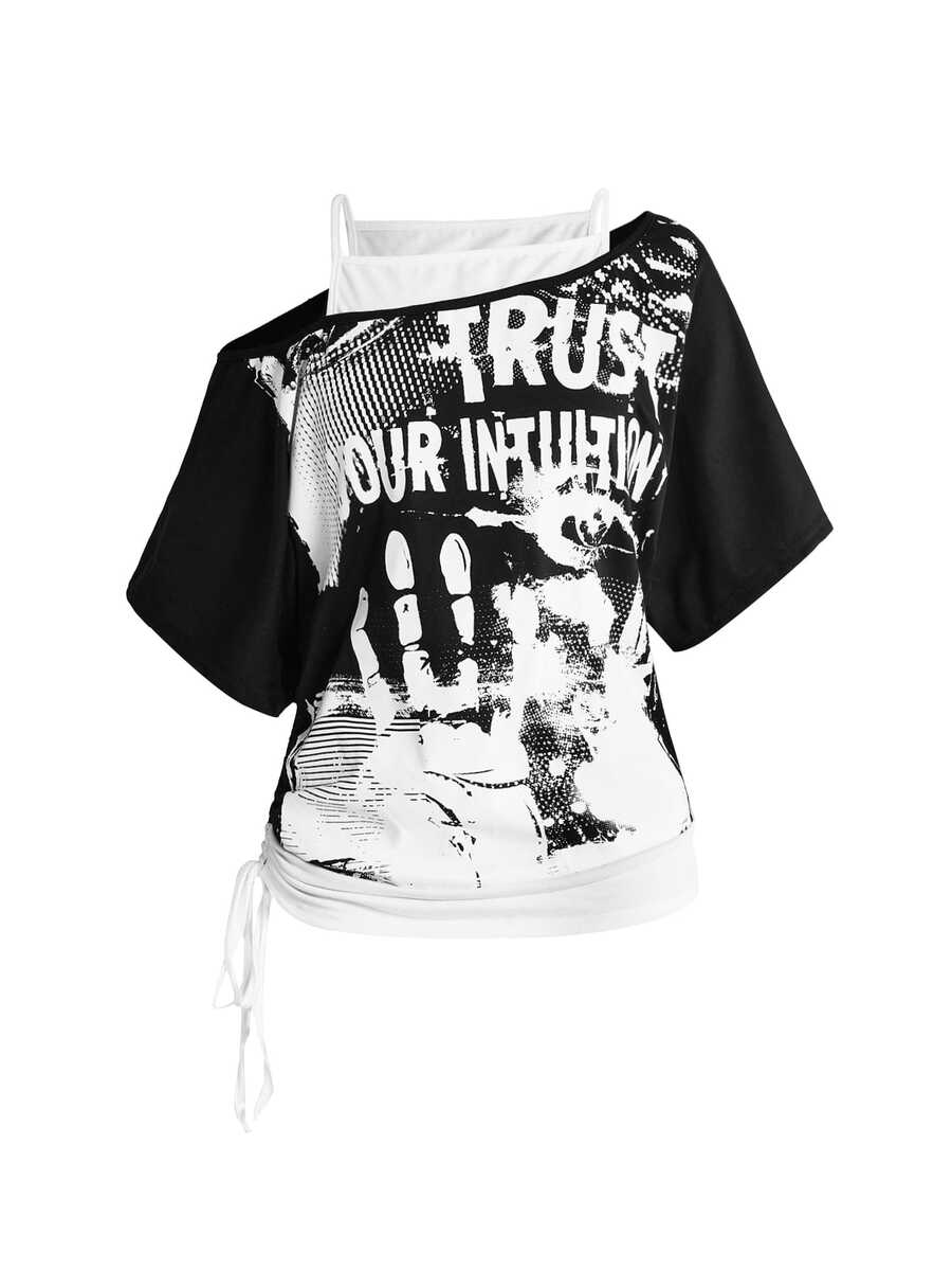 ROMWE Grunge Punk 夏季復古龐克風眼睛印花拼接配色 2 合 1 不對稱單肩寬鬆女款 T-shirt - 黑與白 - 查看 1
