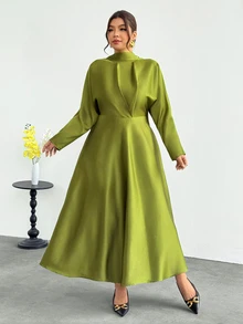 Firerie Plus Size Minimalist Satin Long Sleeve Fashion Dress - Olive Green - View 6