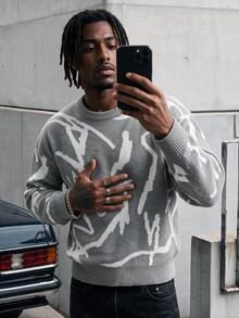 AXEPEAK Men's Casual Crew Neck Long Sleeve Printed Sweater - Grey - View 5