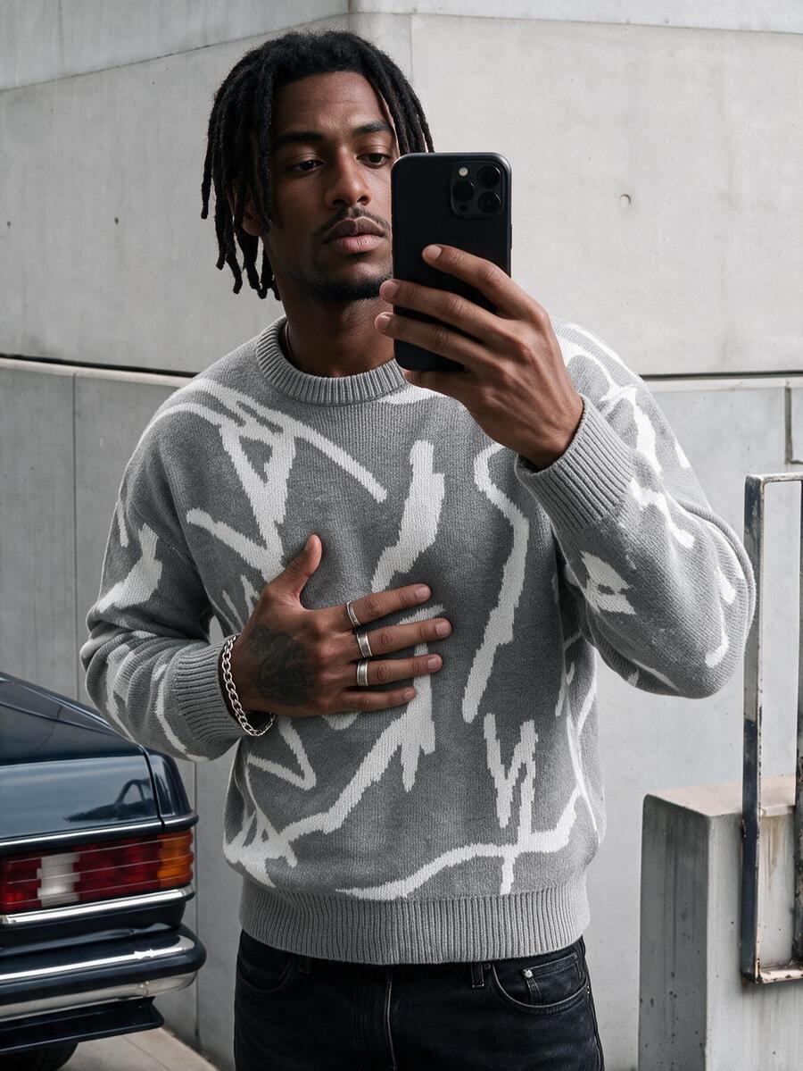 AXEPEAK Men's Autumn/Winter Crew Neck Dropped Shoulder Long Sleeve Sweater, English Letter Pattern Knitted Pullover, Two-Tone Jacquard Loose Fit Grey Graphic - Grey - View 1