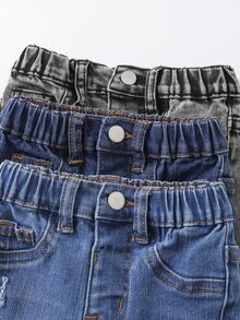 3Pcs Baby Boy Dark Blue Medium-Dark Blue And Light Gray Denim Stretch Tight Hole-Length Jeans - Multicolor - View 5