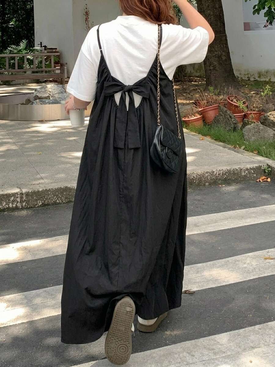 Dazy Plus Korean Style Layered Bowknot Back Strap Long Dress - Black - View 1