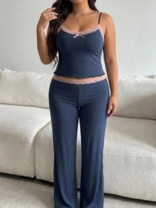 Dazy Plus Plus Size Women Lace Patchwork Bow Decor Sleeveless Camisole And Long Pants Loungewear Pajama Set - Dusty Blue - View 3