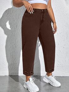 SHEIN EZwear 大尺碼鈕扣口袋拉鍊拼接純色牛仔褲 - 咖啡棕 - 查看 5