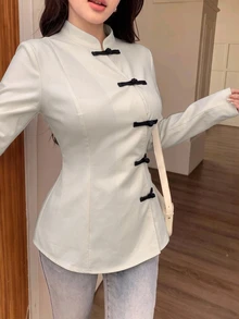Modelyn Women's Chinese Style Stand Collar Black And White Checkered Contrast Color Frog Button Long Sleeve Shirt, Autumn Fall/Winter Brunch Elegant - White - View 5