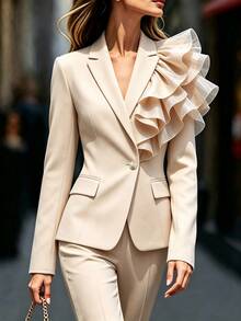 RosyDaze Women's New Elegant Waist-Cinching Small Blazer, 3D Glossy Ruffle Decor Lapel Long Sleeve Commuter Versatile Top - Khaki - View 3