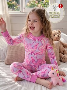 SHEIN 女童幼兒貼身舒適睡衣套裝，長袖上衣與長褲，粉色夢幻卡通獨角獸印花，四季適用，適合居家或戶外玩耍，柔軟親膚 - 粉色 - 查看 3