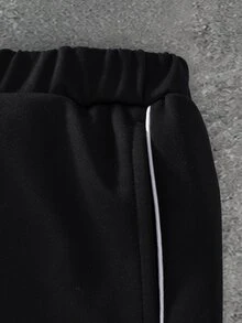 SHEIN 2件組 男士青少年休閒街頭風 白色條紋解構設計立領拉鍊夾克與寬鬆直筒運動長褲套裝，適合休閒酷帥街頭造型，適合多季節穿著 - 黑色 - 查看 6