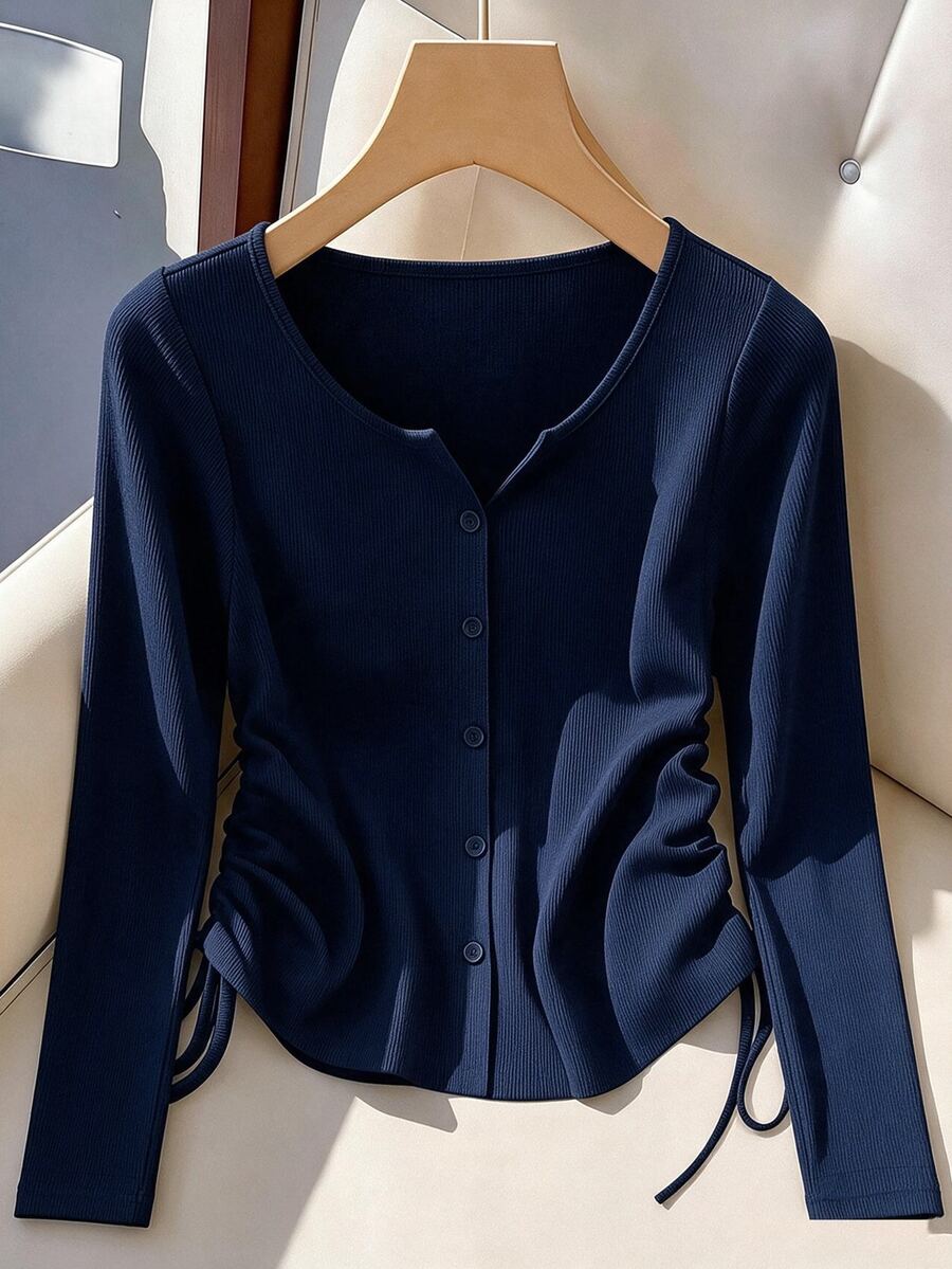 GlowEve CURVE Plus Size Elegant V-Neck Solid Color Ribbed Knit Long Sleeve T-Shirt, Slimming Waist Drawstring Single-Breasted Design, Suitable For Daily Commute, Versatile Party And Travel Outfit Top - Navy Blue - View 1