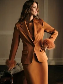 MOTF PREMIUM WOMEN'S ELEGANT BUTTON FAUX FUR PATCHWORK CUFF BLAZER - Khaki - View 7